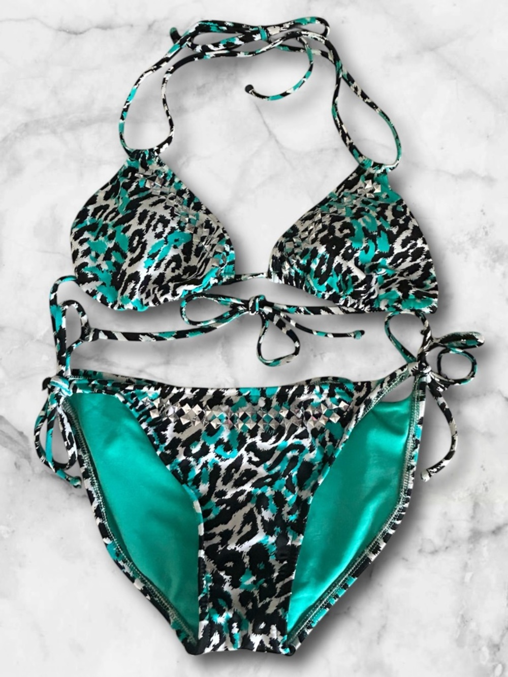 Xhilaration Turquoise Cheetah Animal Print Jeweled Bikini Adjustable Size L - Picture 2 of 12
